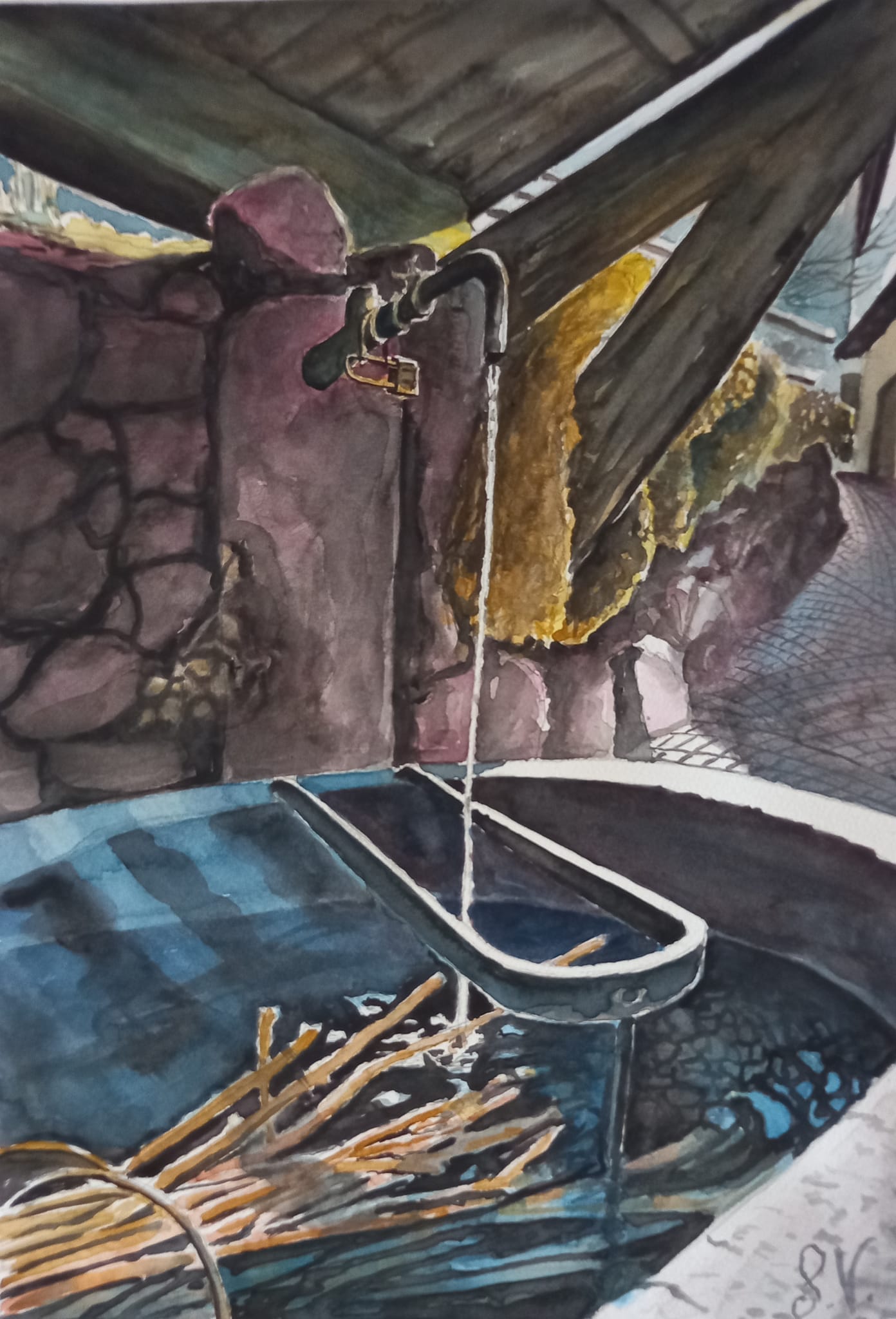 fontana di guggal acquarello