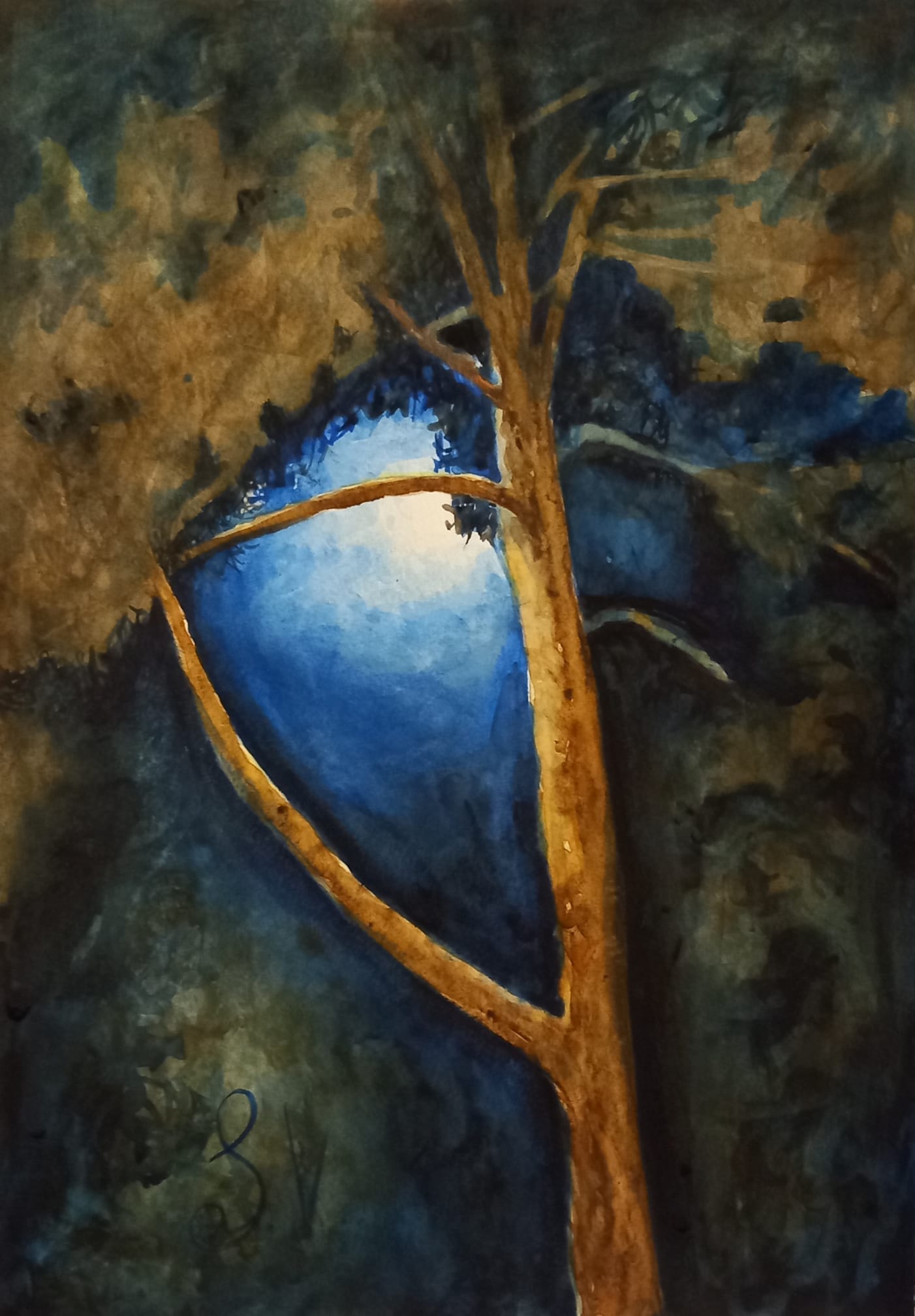 la luna tra i rami acquarello