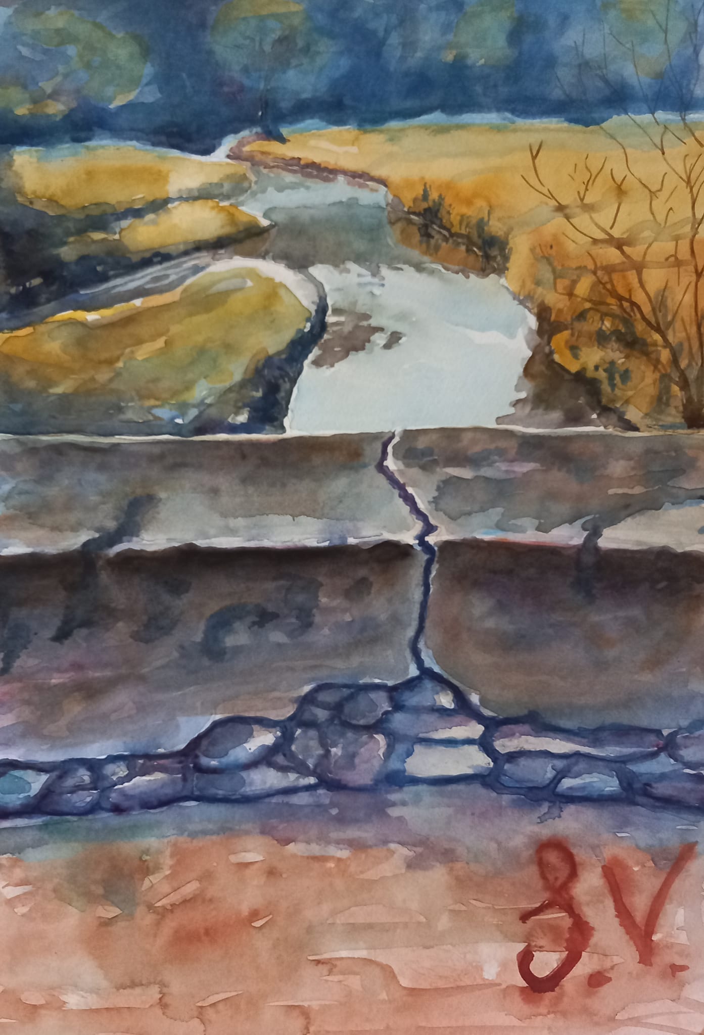 ponte sul fiume acquarello